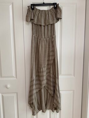 Elan Off Shoulder Ruffle High Low Maxi Dress Boho Taupe Striped Flowy S/M